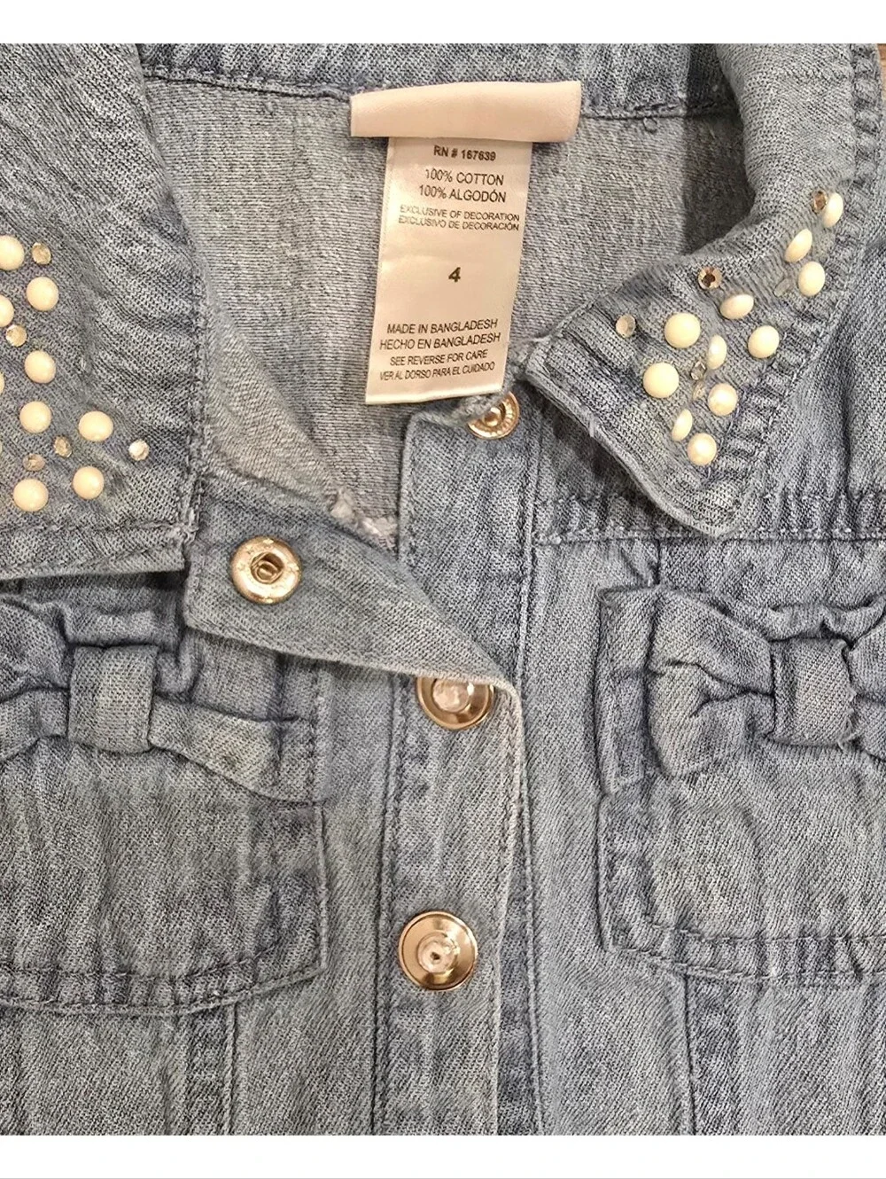 Little Lass Girls Denim Jacket Size 4 Rhinestone Pearl Embroidered Bow Jean Jack